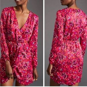 NWT Anthropologie|| Maeve Satin Floral Wrap Mini Dress, Size Small Petite